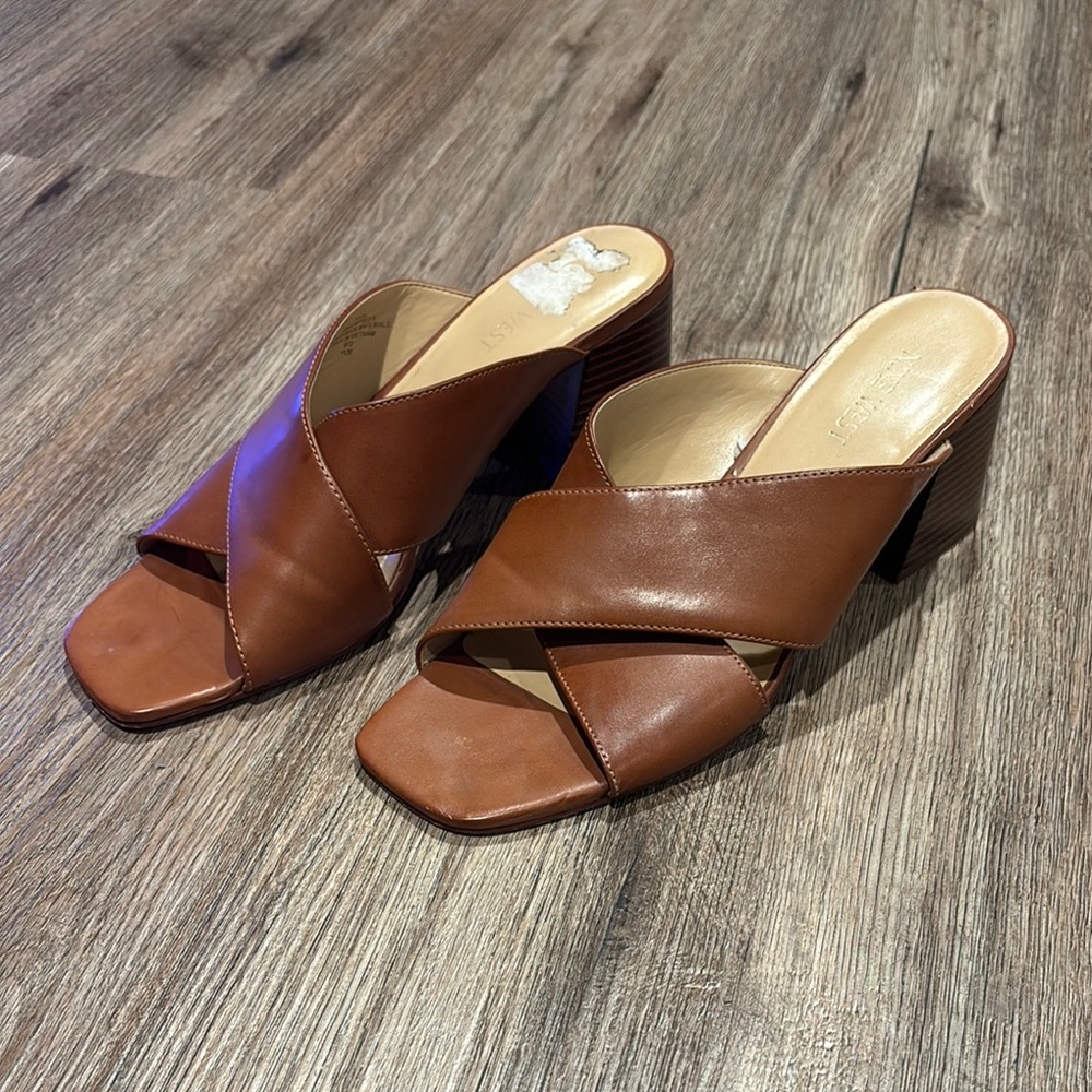 Nine West Brown Leather Mules with X-Pattern Straps